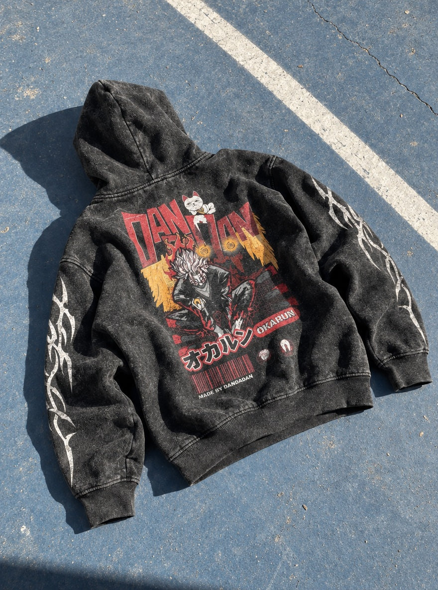 Okarun Flames – Hoodie – flat-lay | Dandadan