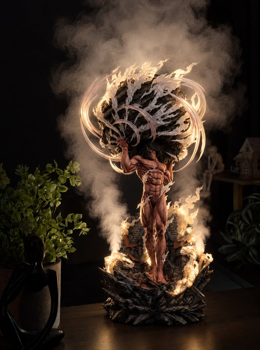 Attack Titan Steam Mist Diffuser Figure – lit with mist in a room at night | Attack on Titan