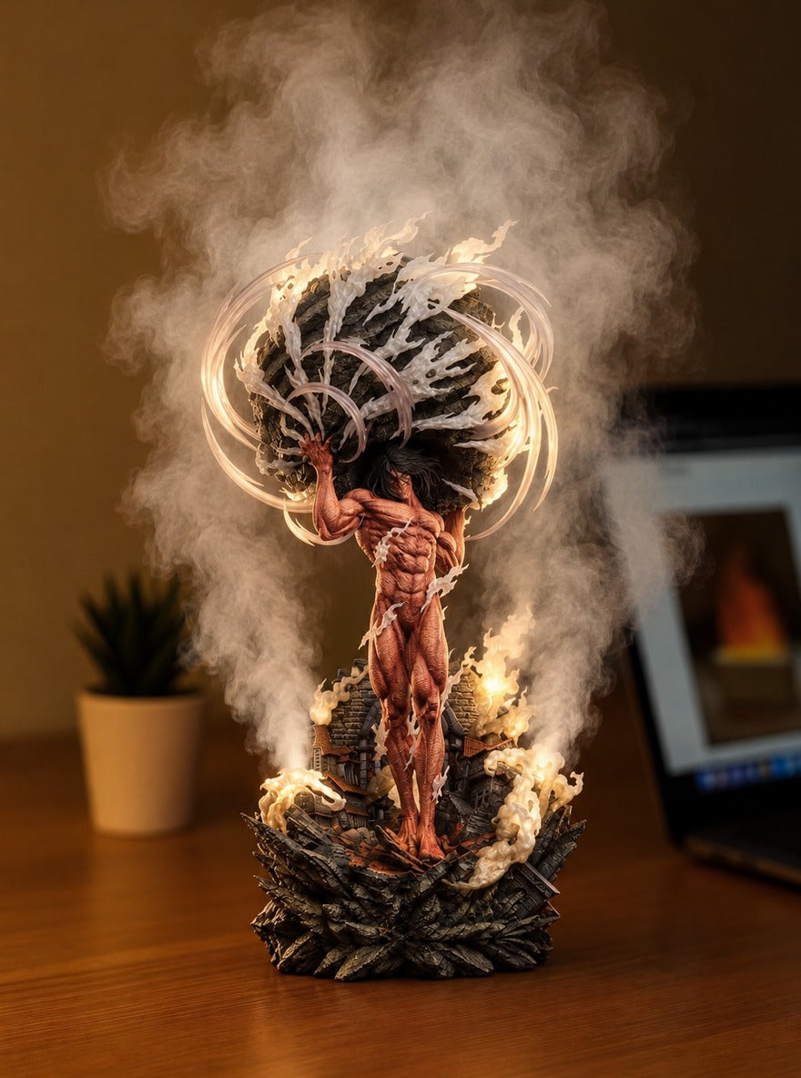 Attack Titan Steam Mist Diffuser Figure – lit with mist in a daylight room | Attack on Titan