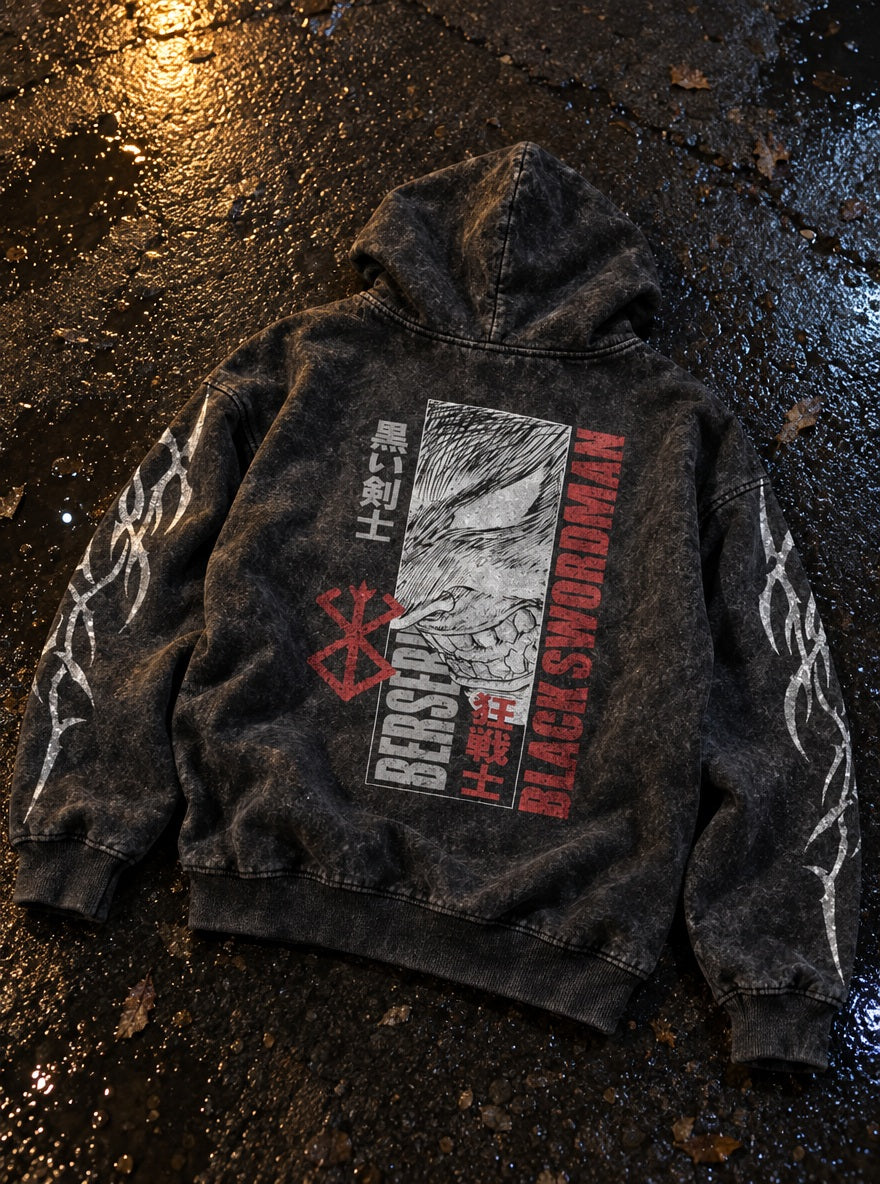 Black Swordsman Banner – Hoodie – flat-lay | Berserk