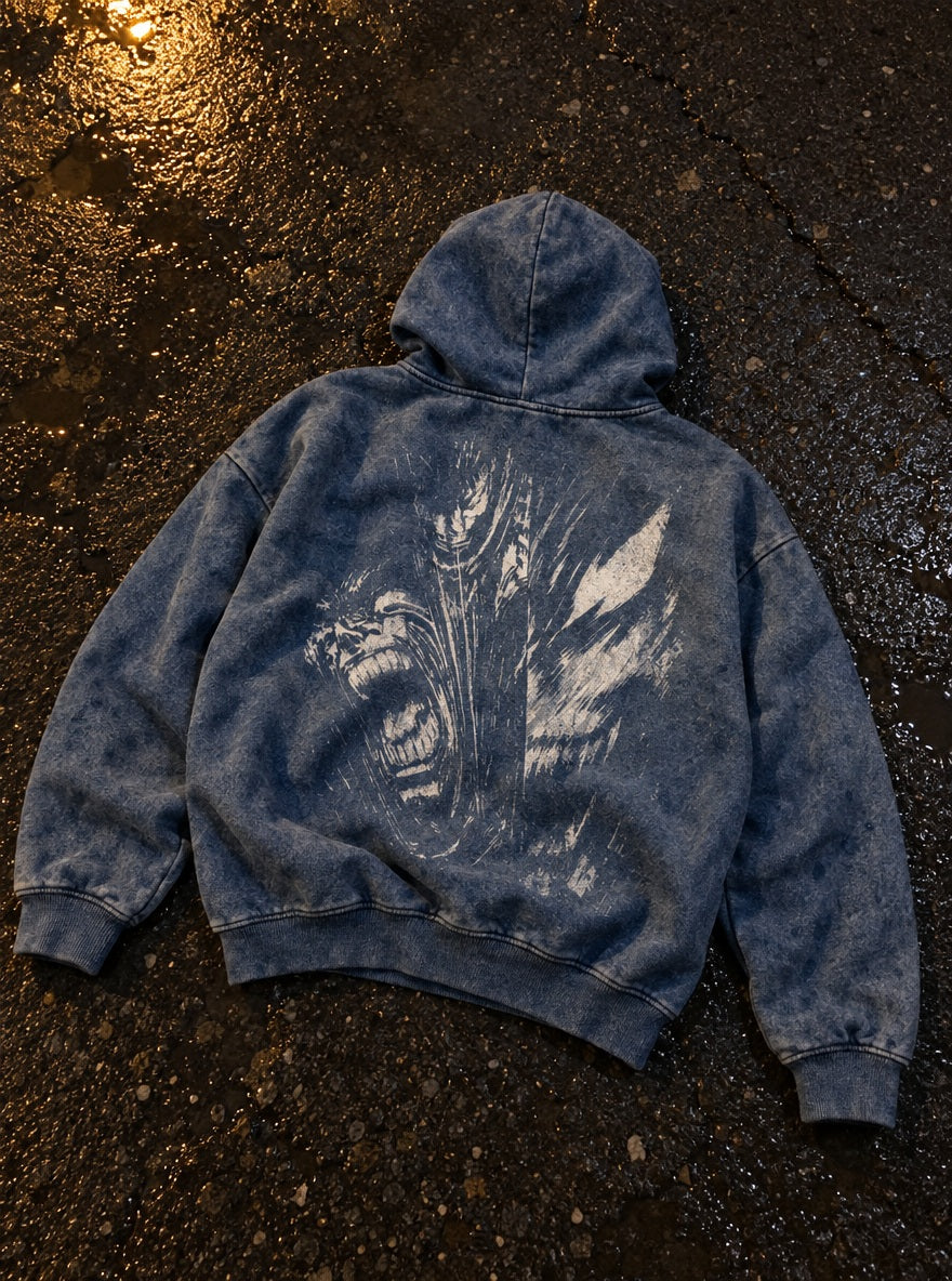 Blue Faded Hoodie – Berserker Howl – flat-lay | Berserk