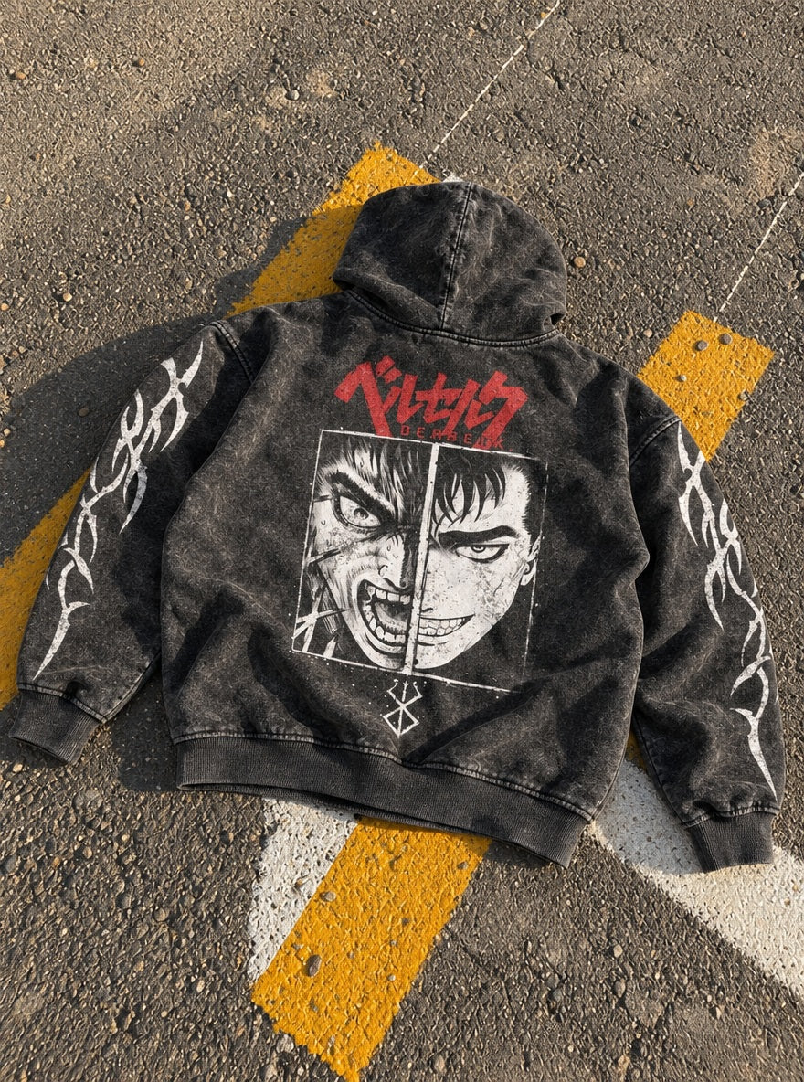Split Face Guts – Hoodie – flat-lay | Berserk