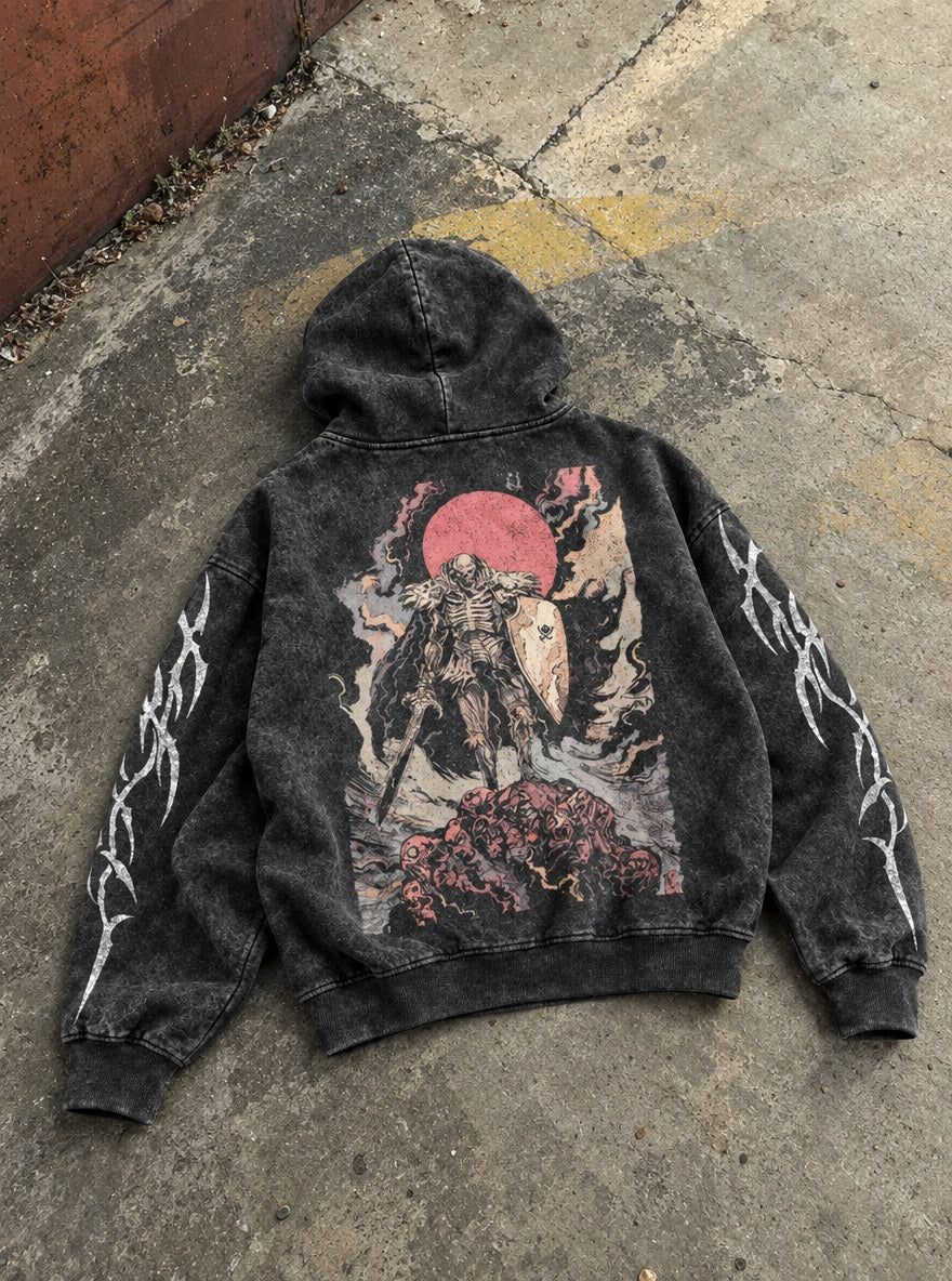 Skull Knight Sunset – Hoodie – flat-lay | Berserk