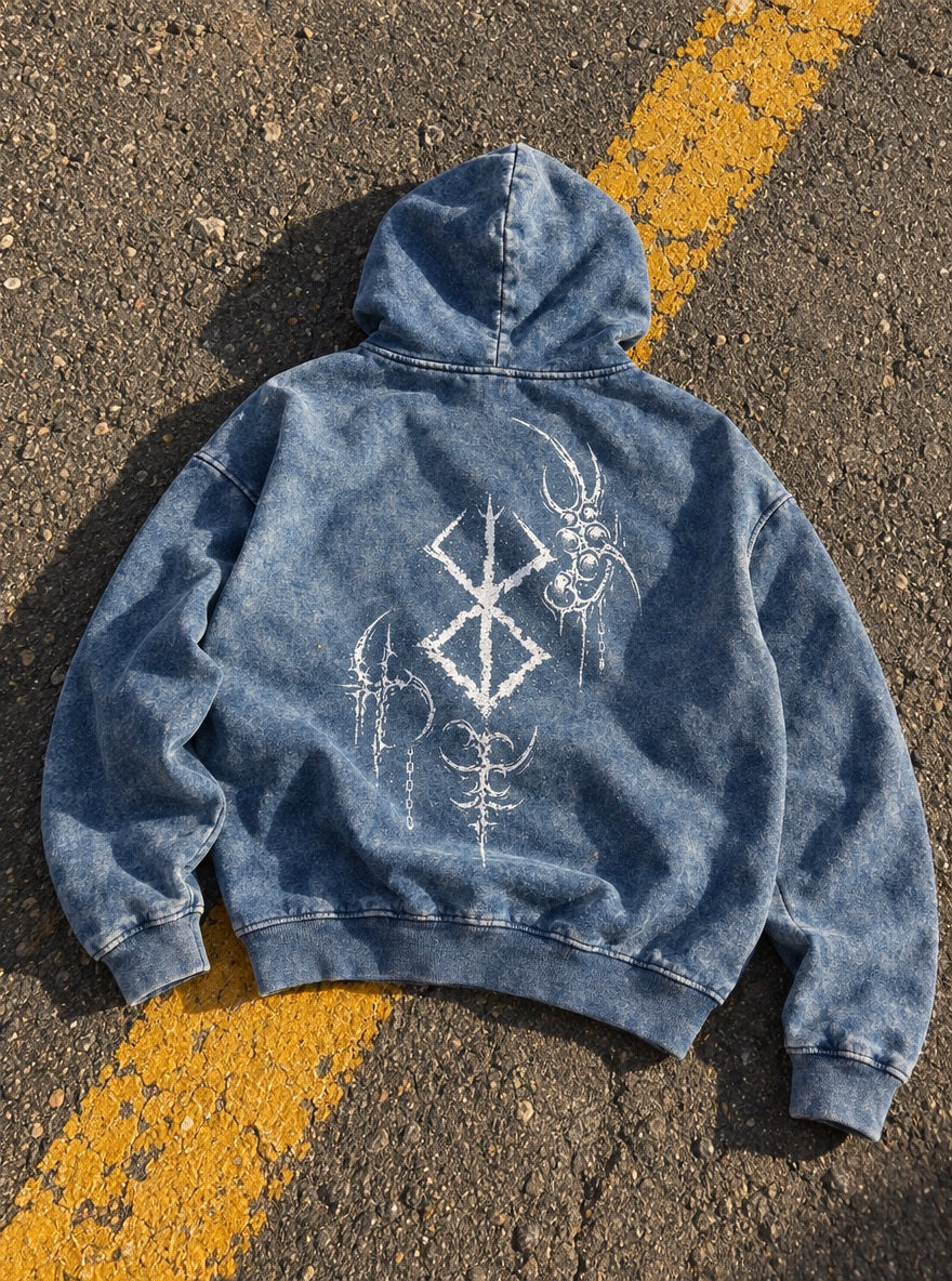 Blue Faded Hoodie – Chained Brand Sigil – flat-lay | Berserk
