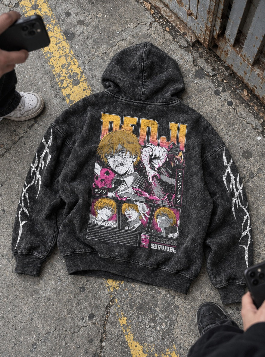 Denji Survival – Hoodie – flat-lay | Chainsaw Man