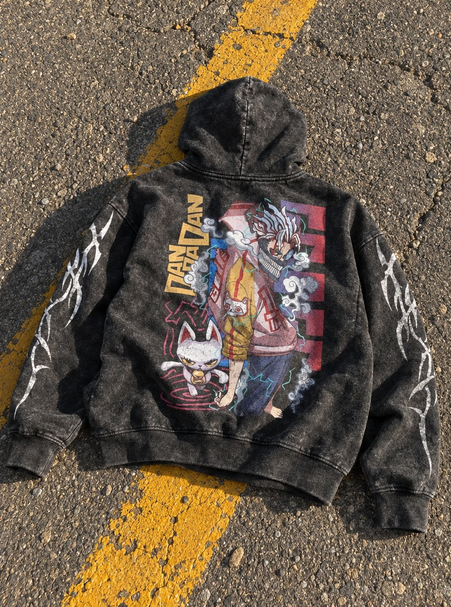 Okarun & Turbo Granny – Hoodie – flat-lay | Dandadan