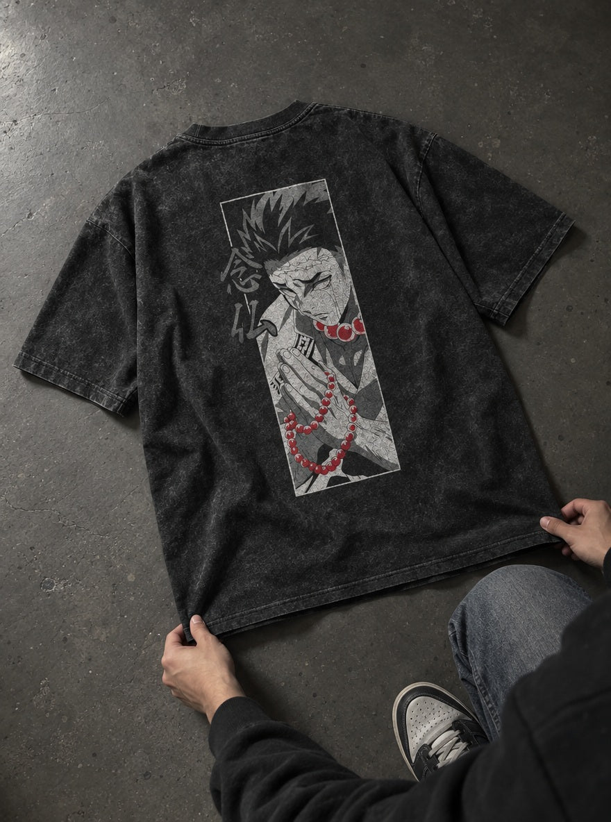 Gyomei Beads – Black T-Shirt – flat-lay | Demon Slayer