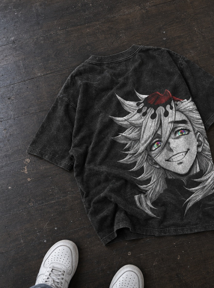 Doma Grin – Black T-Shirt – flat-lay | Demon Slayer