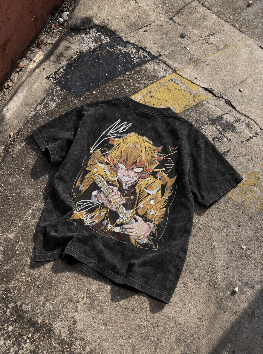 Zenitsu Fury – Black T-Shirt – flat-lay | Demon Slayer