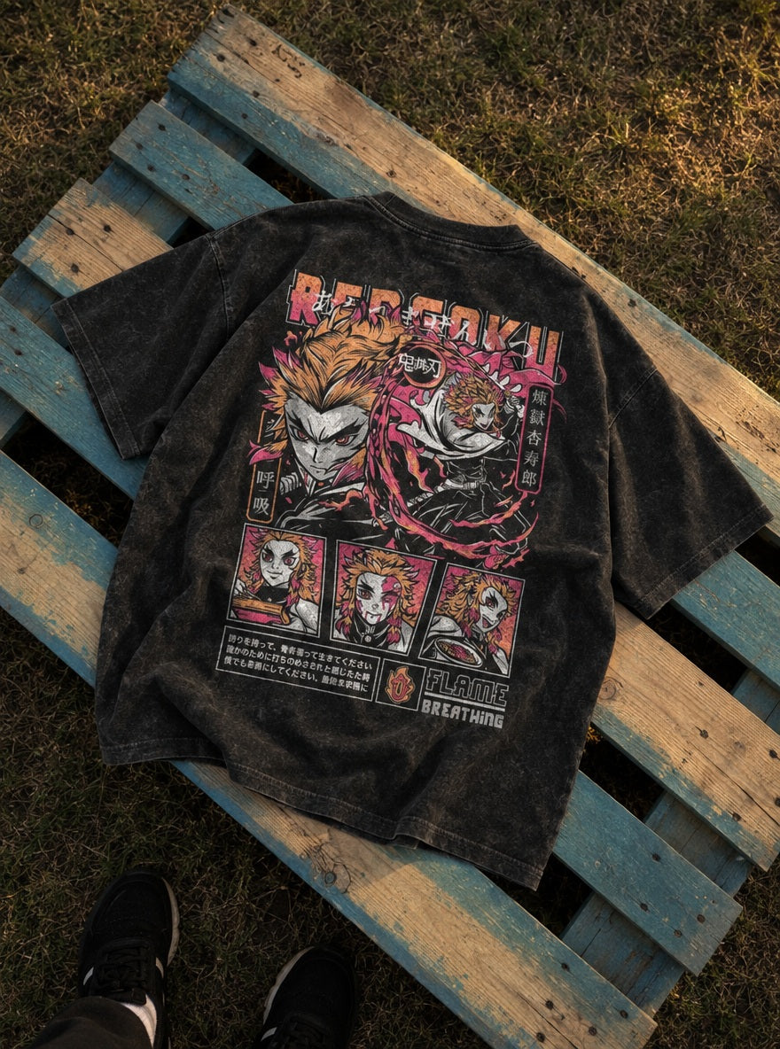 Rengoku Tribute – Black T-Shirt – flat-lay | Demon Slayer