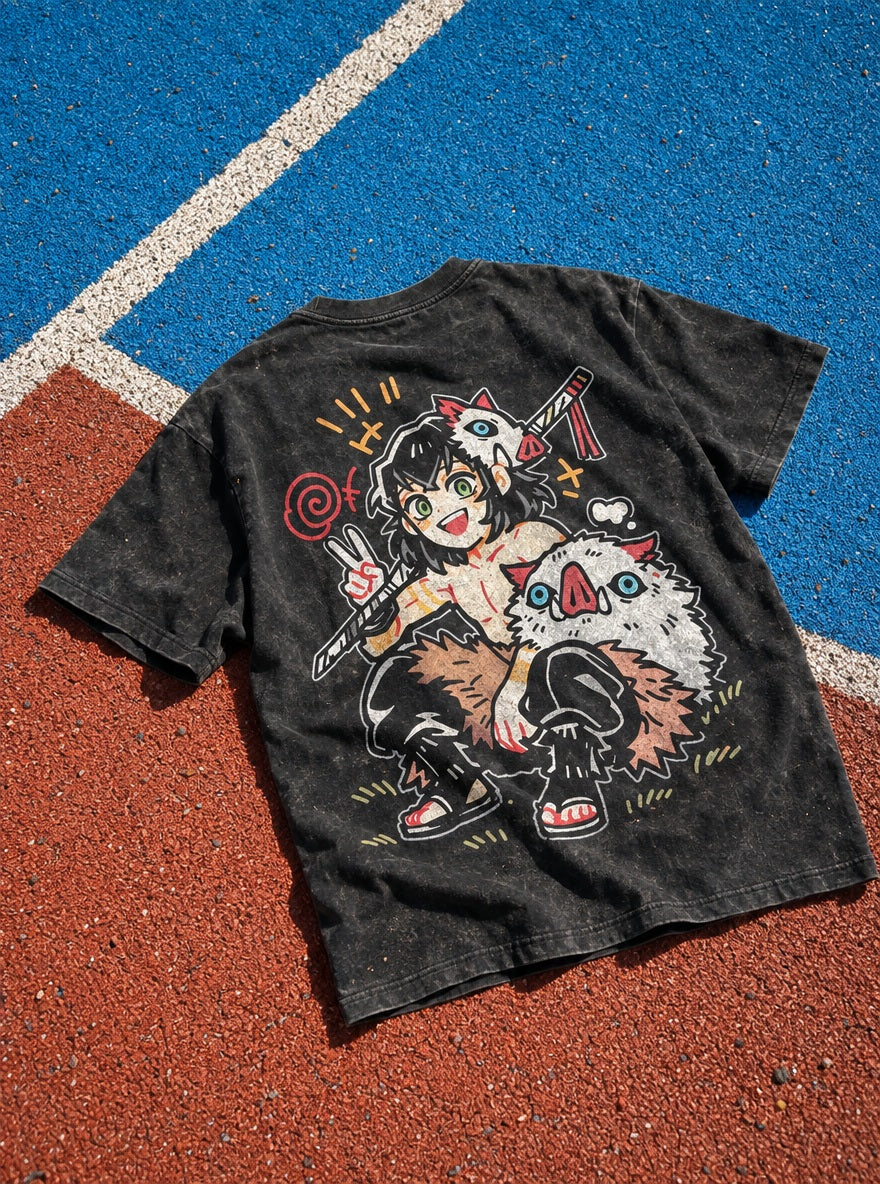 Inosuke Chibi – Black T-Shirt – flat-lay | Demon Slayer
