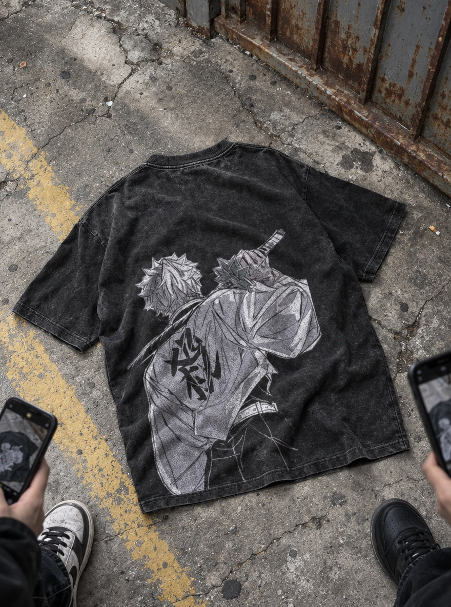 Sanemi Back – Black T-Shirt – flat-lay | Demon Slayer