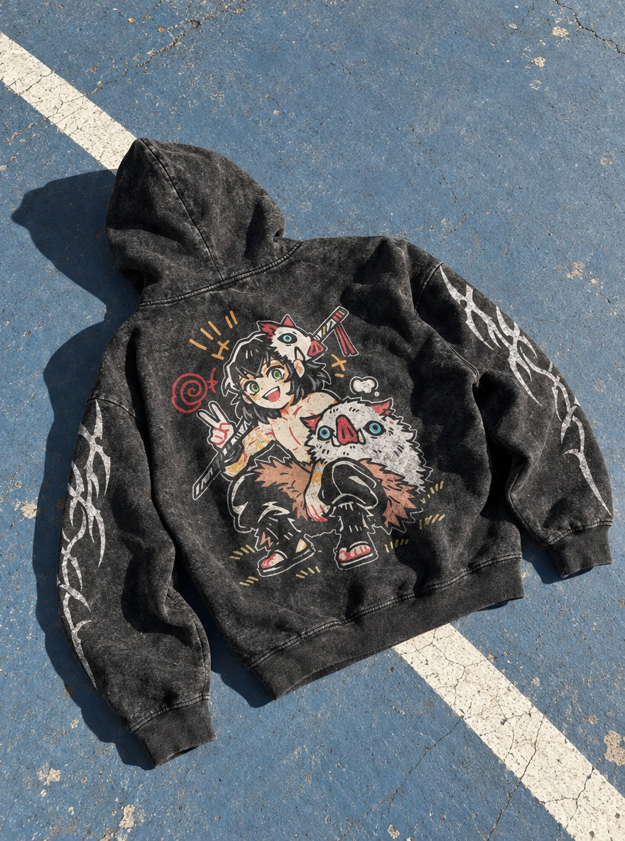 Inosuke Chibi – Hoodie – flat-lay | Demon Slayer
