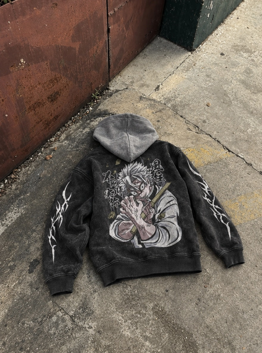 Sanemi Scars – Black & Grey Hoodie – flat-lay | Demon Slayer