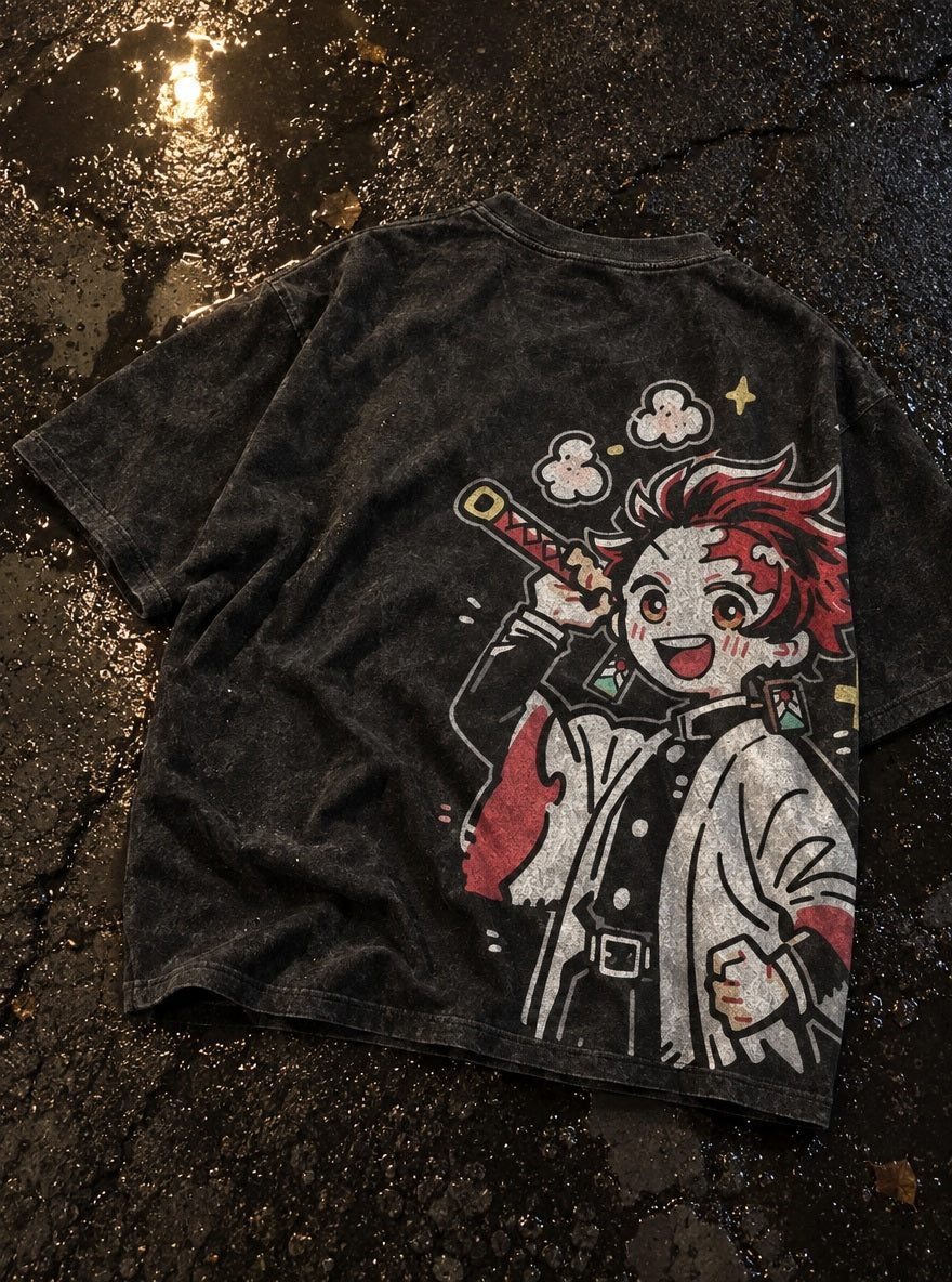 Tanjiro Chibi – Black T-Shirt – flat-lay | Demon Slayer