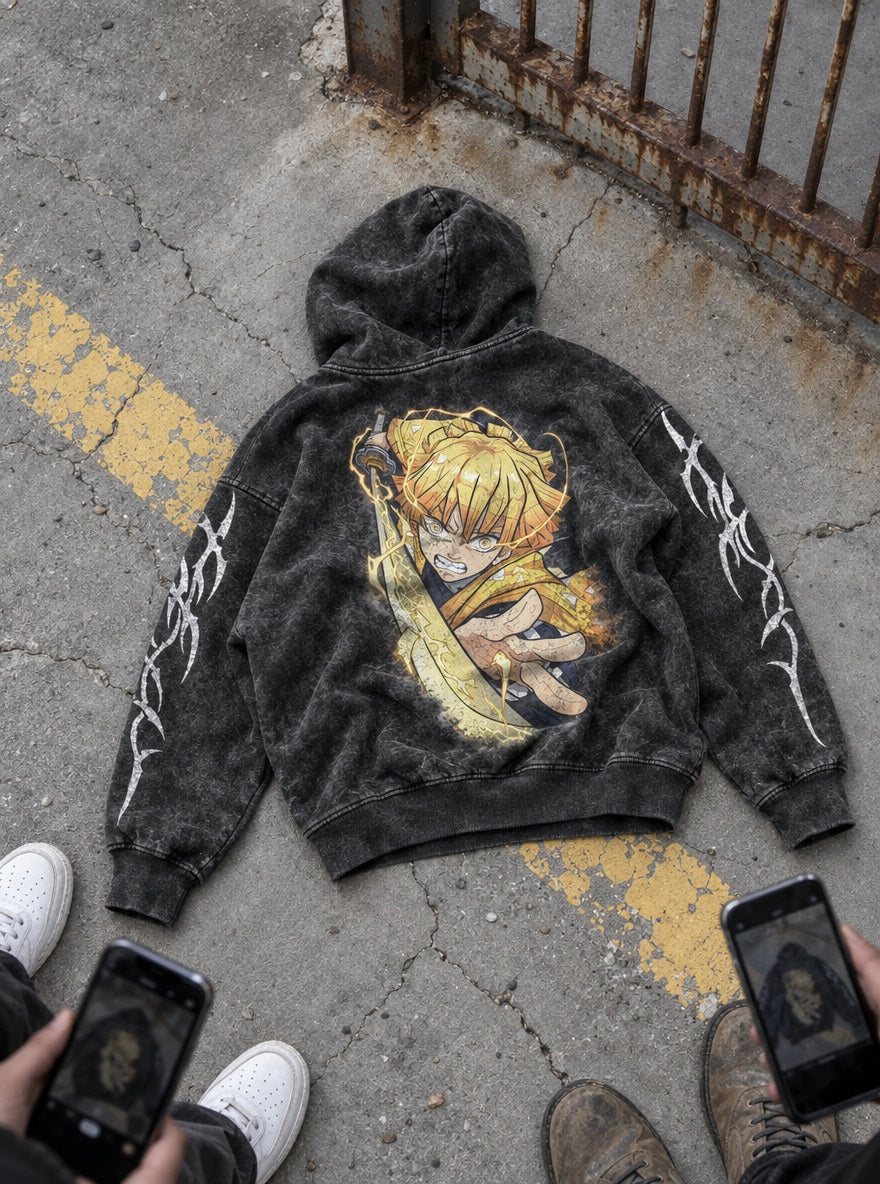 Zenitsu Godspeed – Hoodie – flat-lay | Demon Slayer