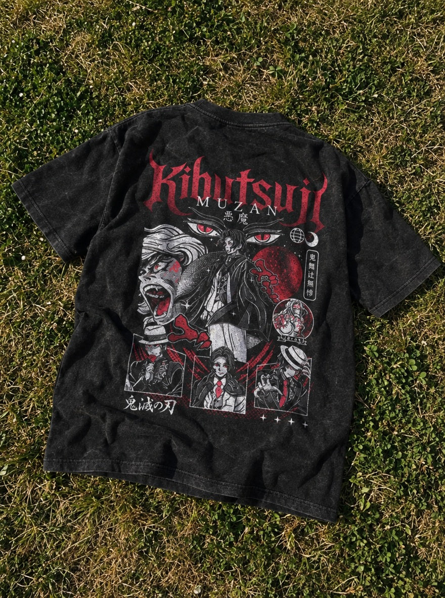 Kibutsuji Muzan – Black T-Shirt – flat-lay | Demon Slayer