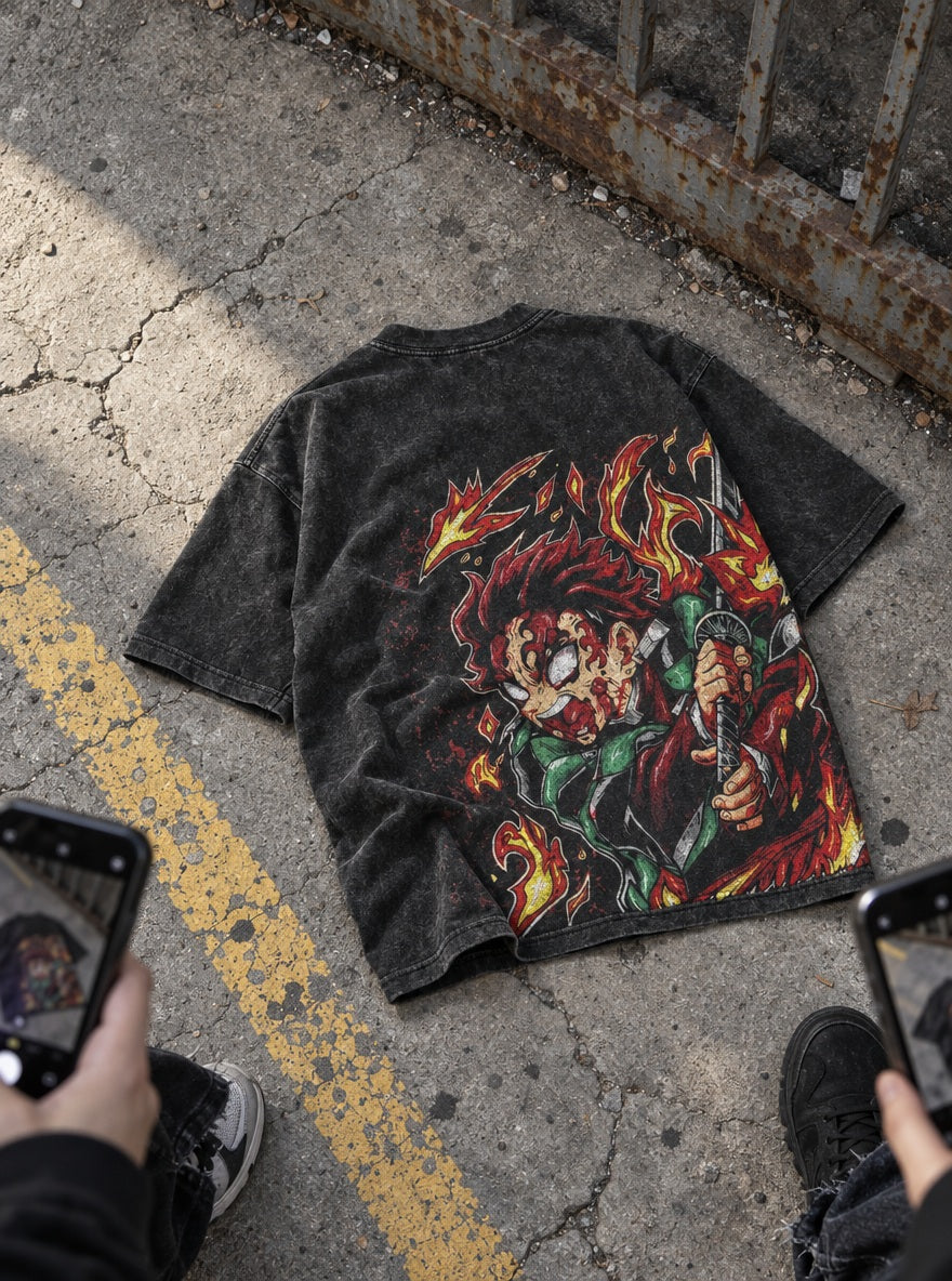 Tanjiro Inferno – Black T-Shirt – flat-lay | Demon Slayer