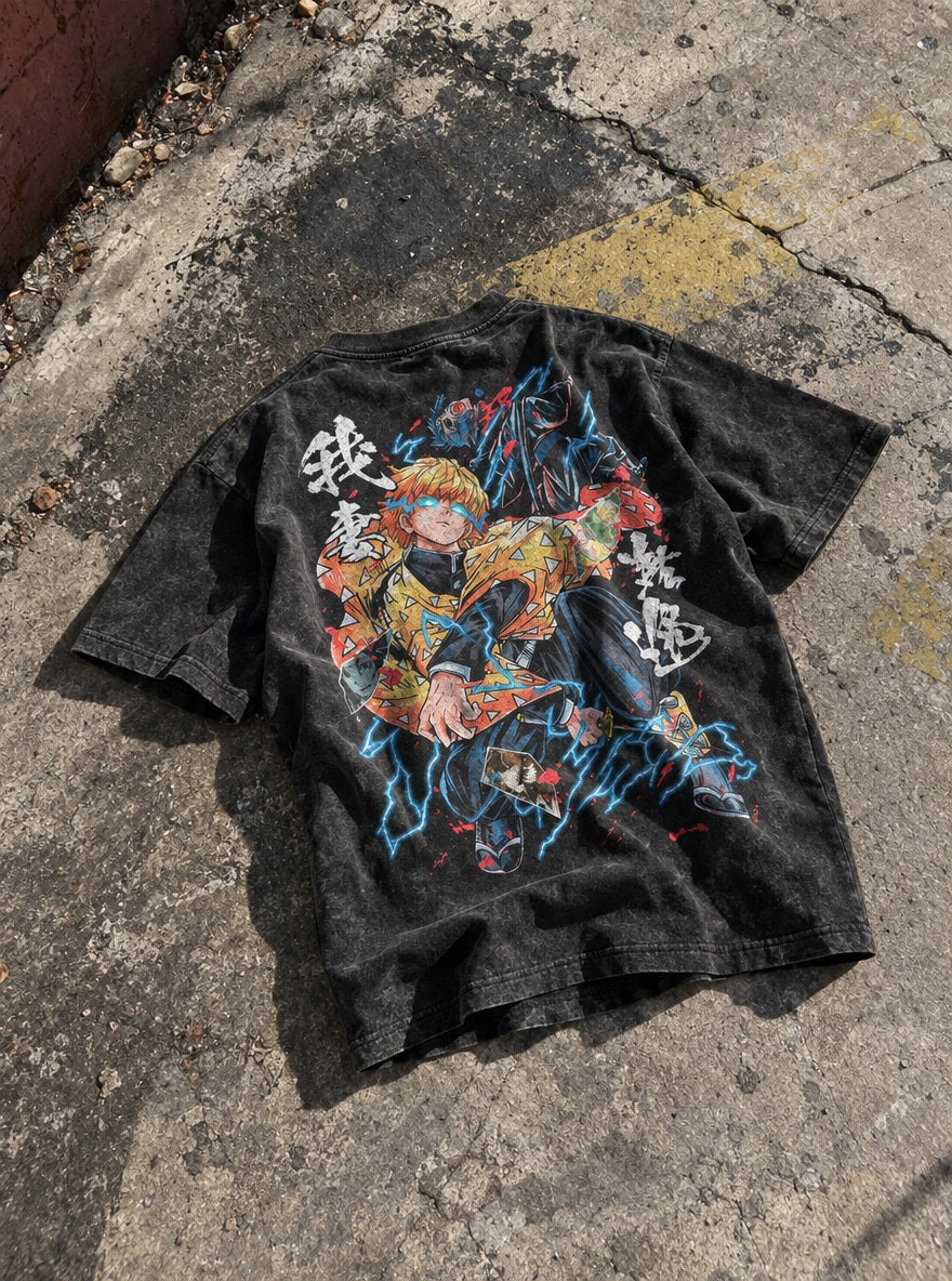 Zenitsu Lightning – Black T-Shirt – flat-lay | Demon Slayer