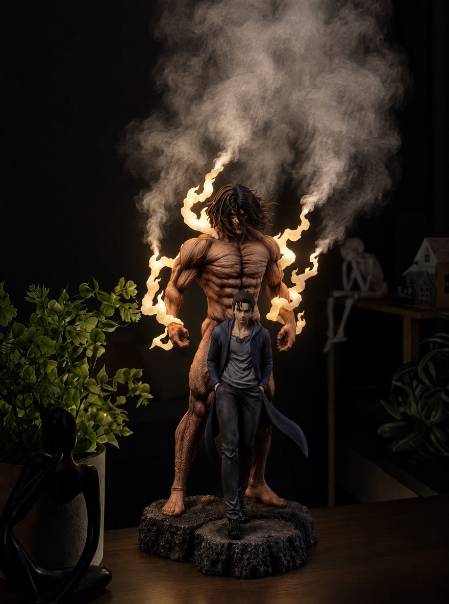 Eren and Attack Titan Mist Diffuser Figure – lit with mist in a room at night | Attack on Titan