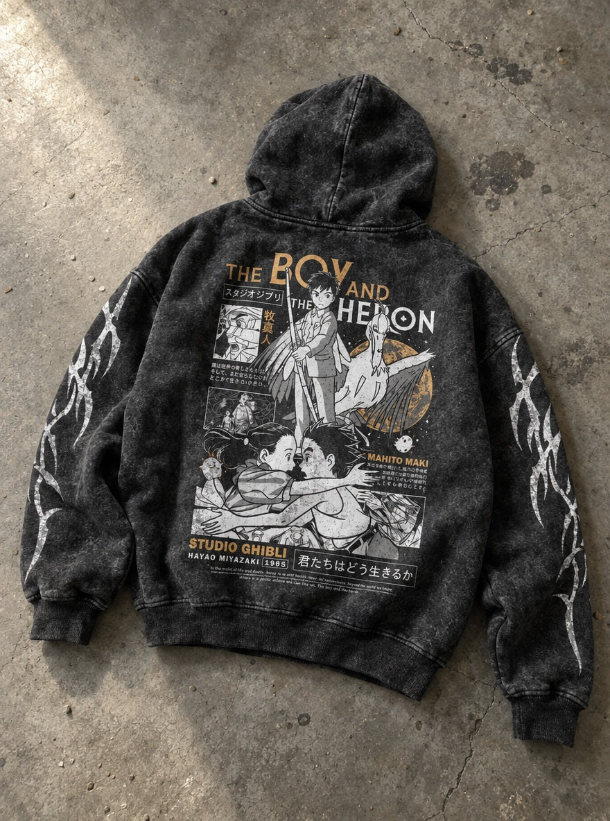 Mahito & Heron – Hoodie – flat-lay | Ghibli
