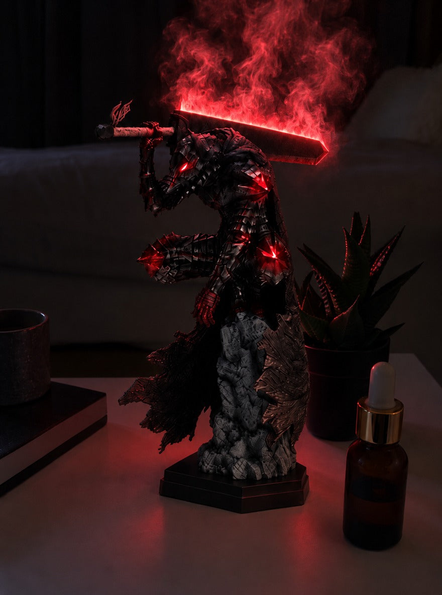 Guts Berserker Armor Mist Diffuser Figure – glowing with mist at night | Berserk