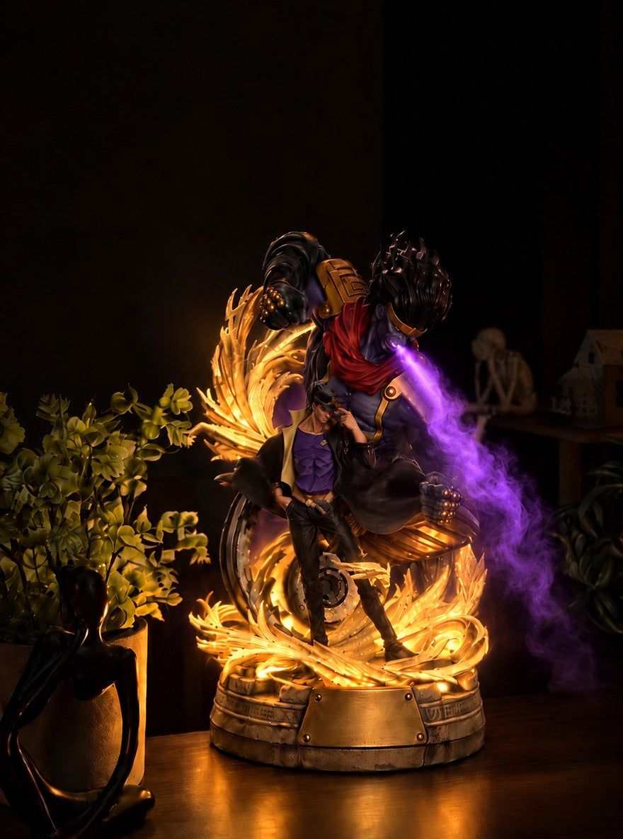Jotaro and Star Platinum Mist Diffuser Figure – lit with mist in a room at night | JoJo