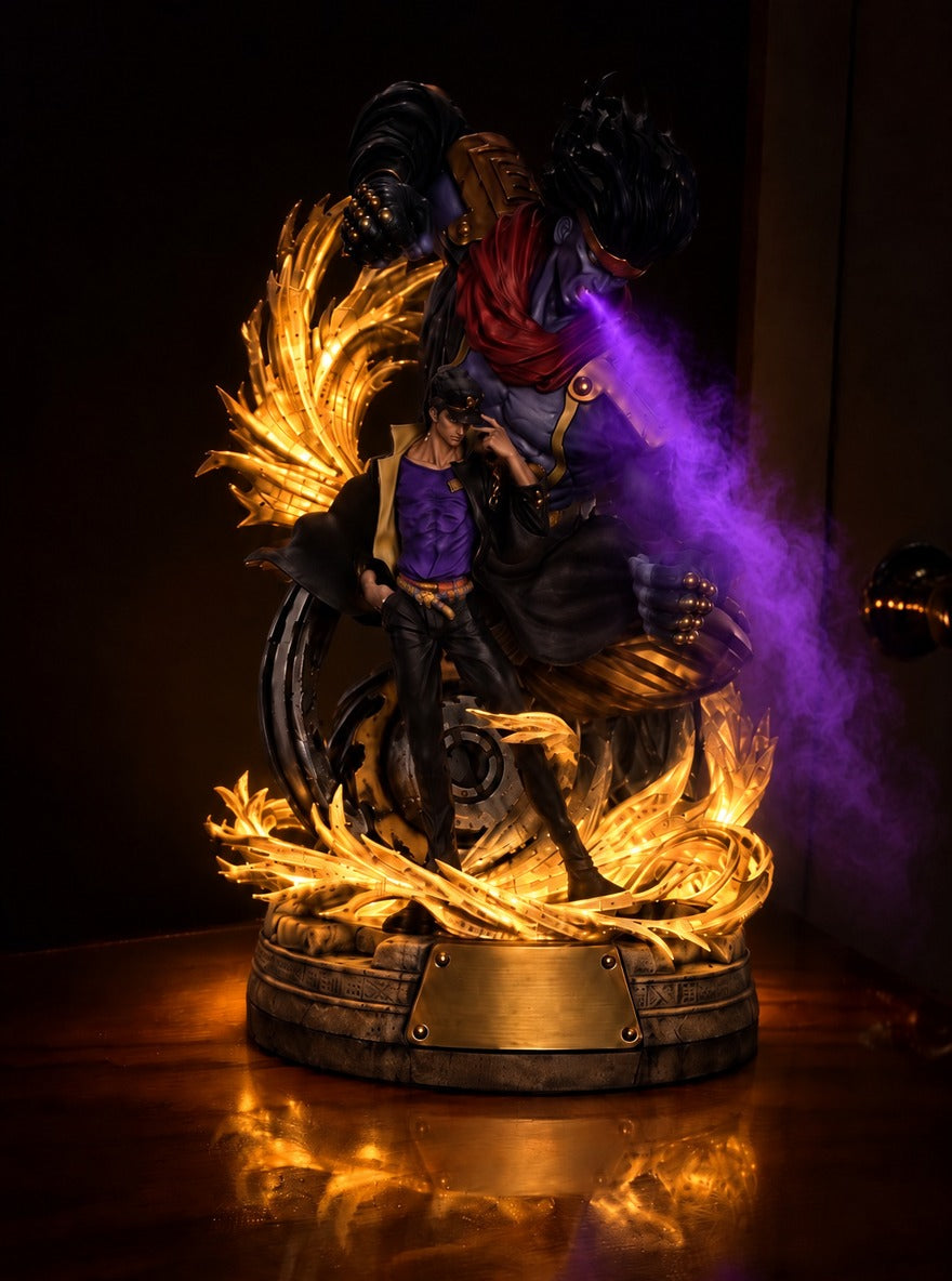 Jotaro and Star Platinum Mist Diffuser Figure – lit with mist in a room at night | JoJo