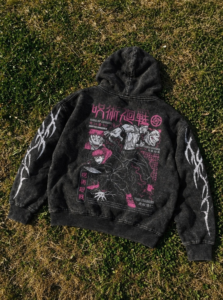 Yuji & Sukuna Pink – Hoodie – flat-lay | Jujutsu Kaisen