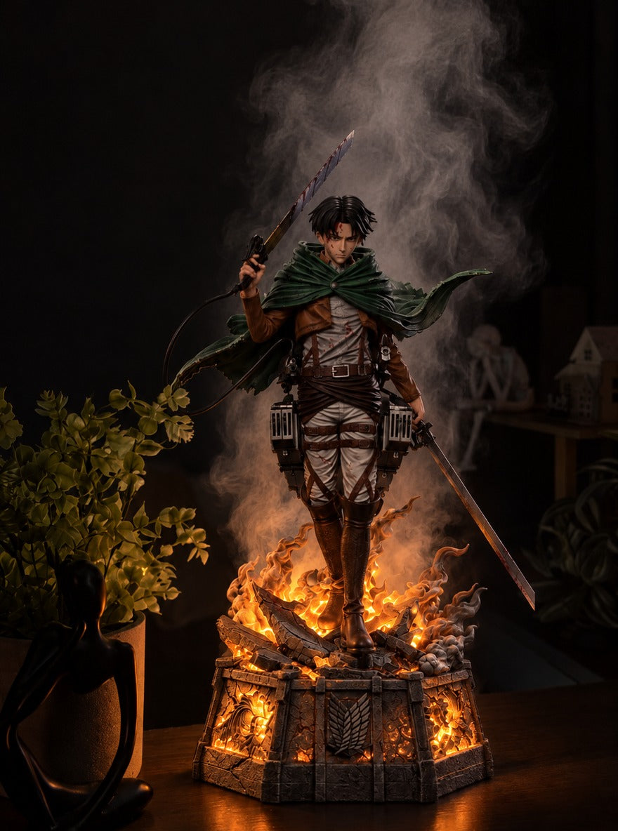 Levi Ackerman Mist Diffuser Figure – lit with mist in a room at night | Attack on Titan