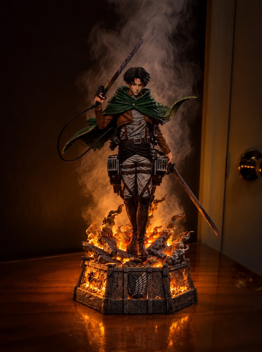 Levi Ackerman Mist Diffuser Figure – lit with mist in a room at night | Attack on Titan