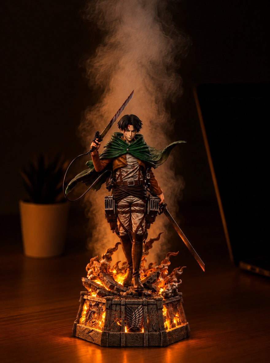 Levi Ackerman Mist Diffuser Figure – lit with mist in a room at night | Attack on Titan