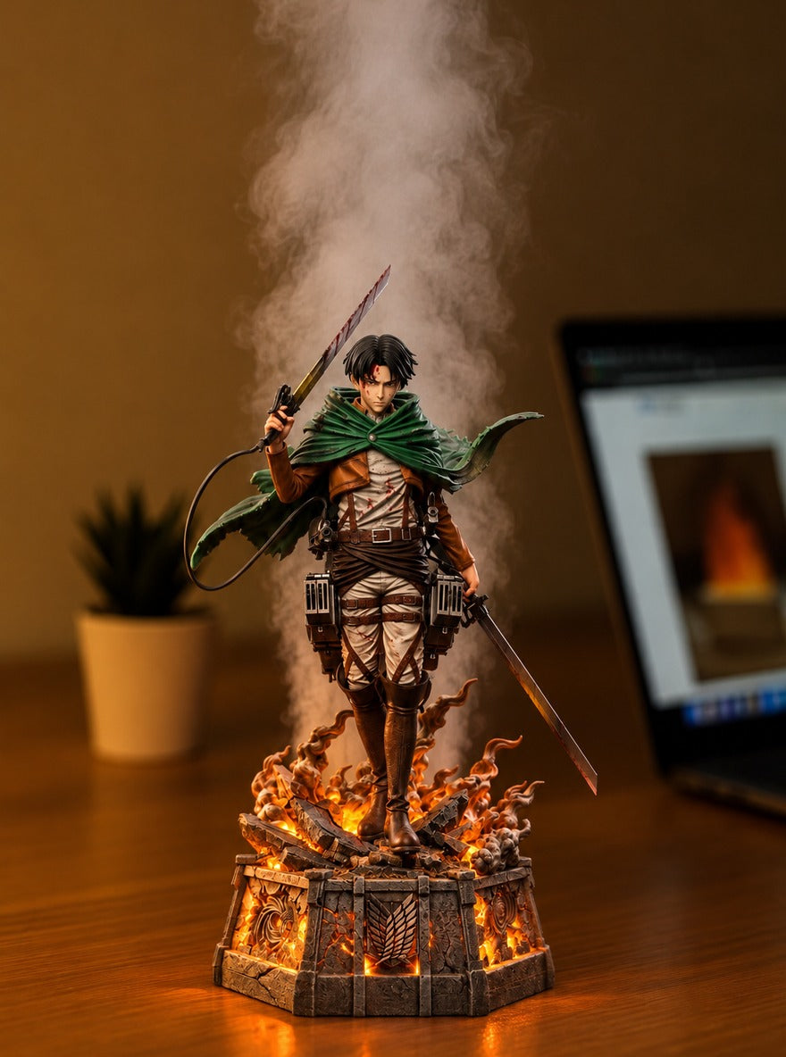 Levi Ackerman Mist Diffuser Figure – lit with mist in a daylight room | Attack on Titan