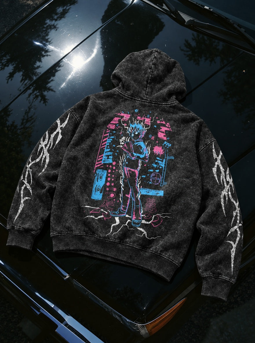Mob Static Shock – Hoodie – flat-lay | Mob Psycho 100