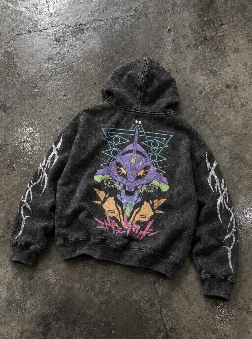 Unit-01 Sigil – Hoodie – flat-lay | Neon Genesis Evangelion