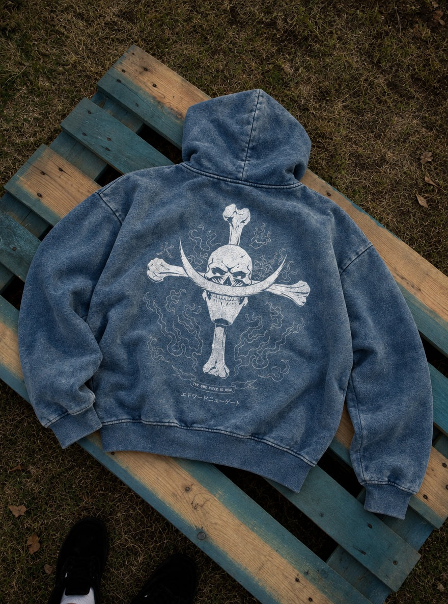 Blue Faded Hoodie – Whitebeard Skull – flat-lay | One Piece