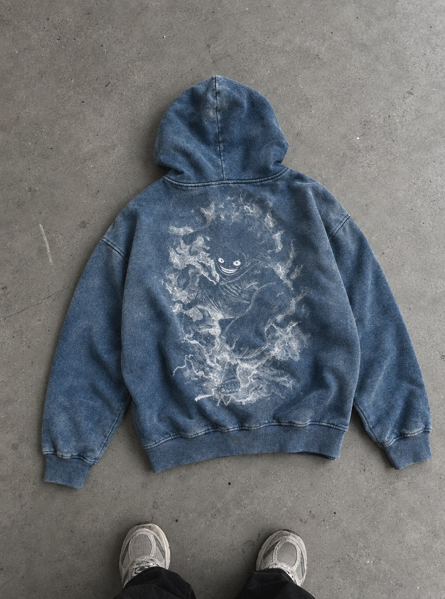Blue Faded Hoodie – Gear 5 Storm – flat-lay | One Piece