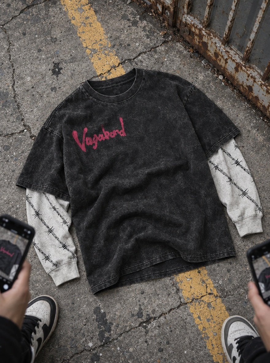 Red Brush Script – Double Sleeves – flat-lay | Vagabond