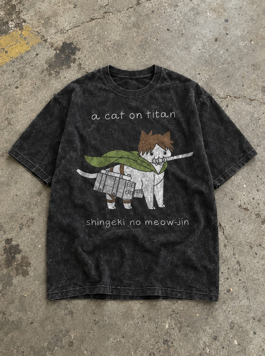 A Cat on Titan – Black Acid Wash Tee – flat-lay | Meme Tees