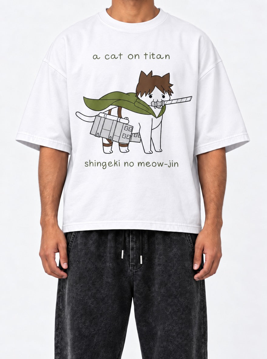 A Cat on Titan – White Tee – model shot | Meme Tees