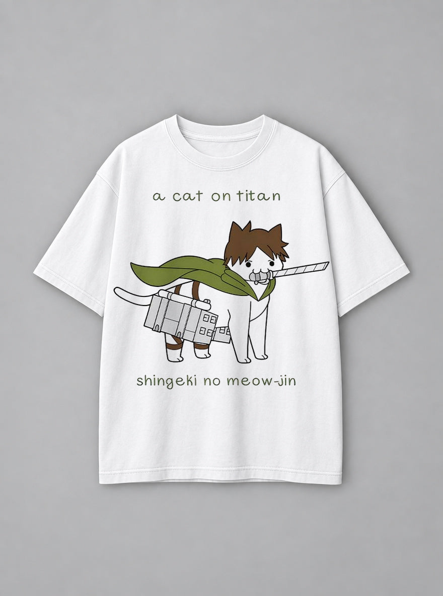 A Cat on Titan – White Tee – mockup | Meme Tees