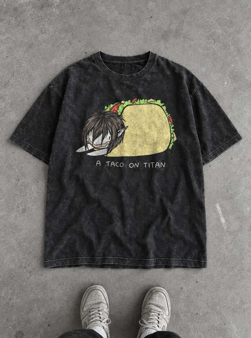 A Taco on Titan – Black Acid Wash Tee – flat-lay | Meme Tees