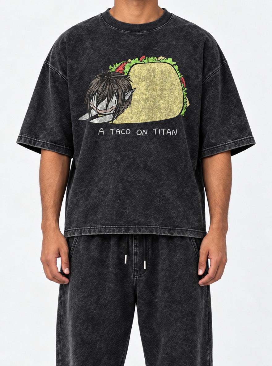 A Taco on Titan – Black Acid Wash Tee – model shot | Meme Tees