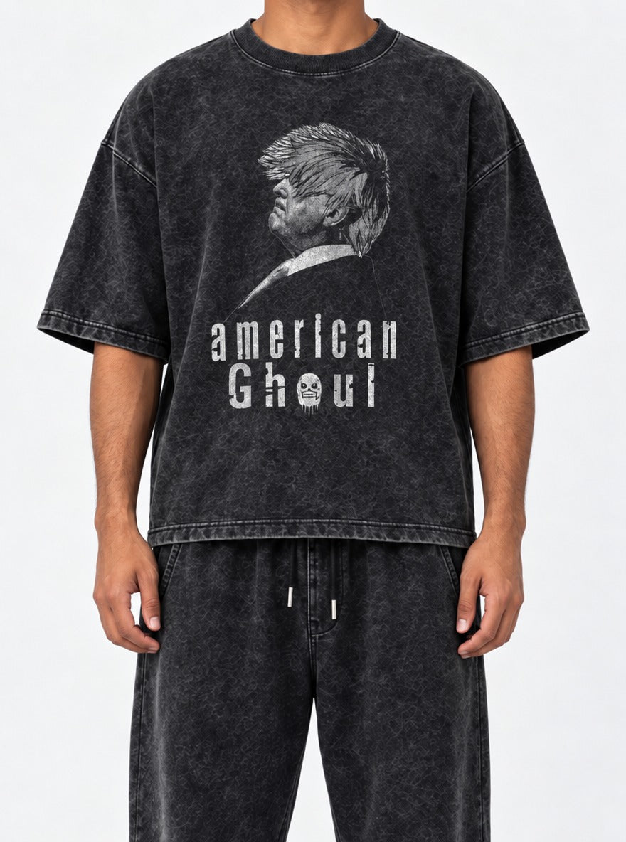 American Ghoul – Black Acid Wash Tee – model shot | Meme Tees