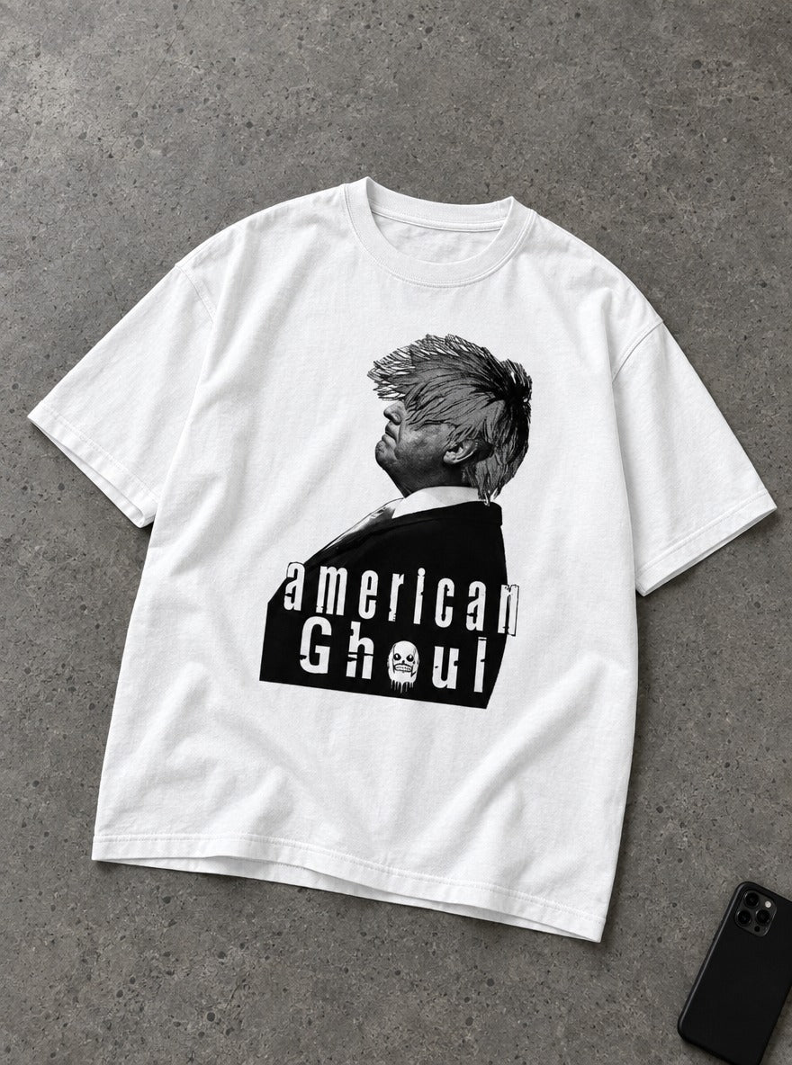 American Ghoul – White Tee – flat-lay | Meme Tees
