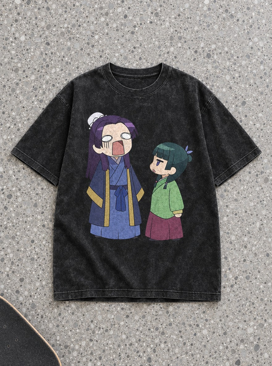 Chibi Jinshi & Maomao – Black Acid Wash Tee – flat-lay | Apothecary Diaries