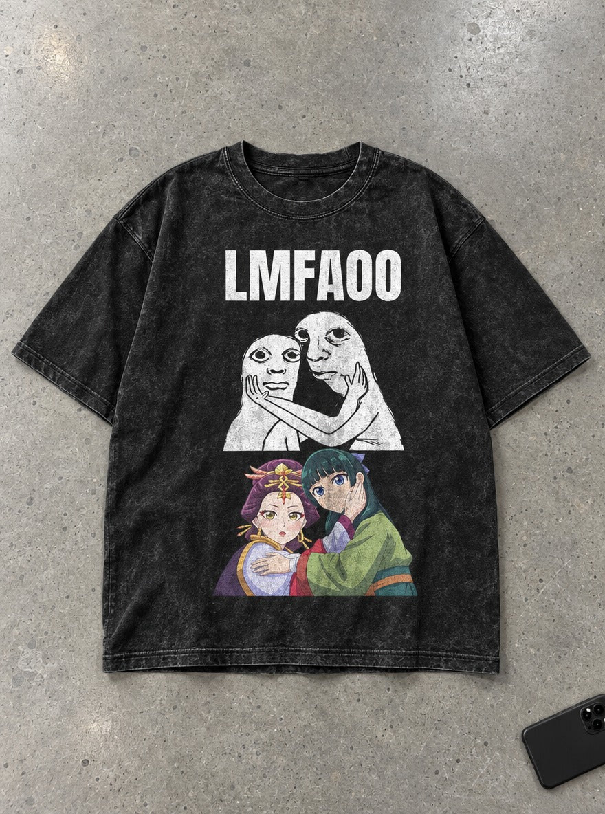 LMFAOO – Black Acid Wash Tee – flat-lay | Apothecary Diaries