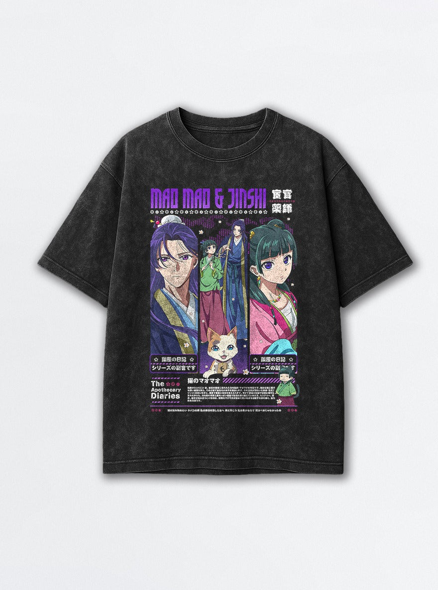 Maomao & Jinshi Poster – Black Acid Wash Tee – mockup | Apothecary Diaries