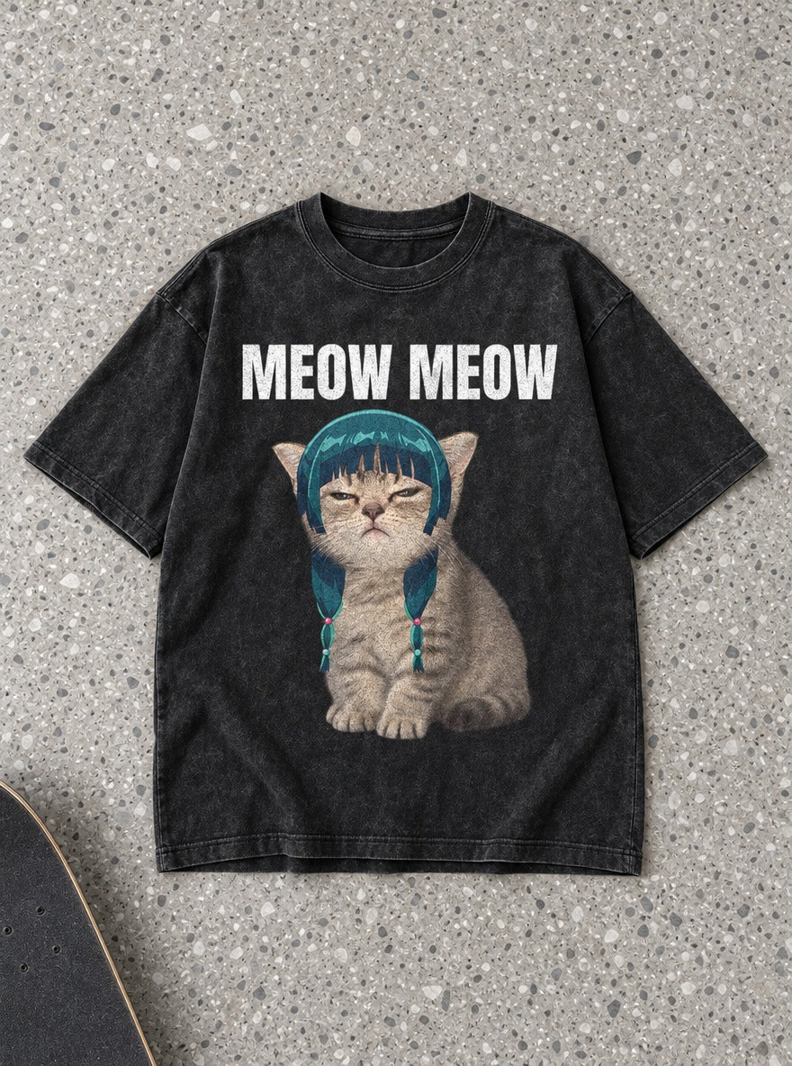 Meow Meow – Black Acid Wash Tee – flat-lay | Apothecary Diaries