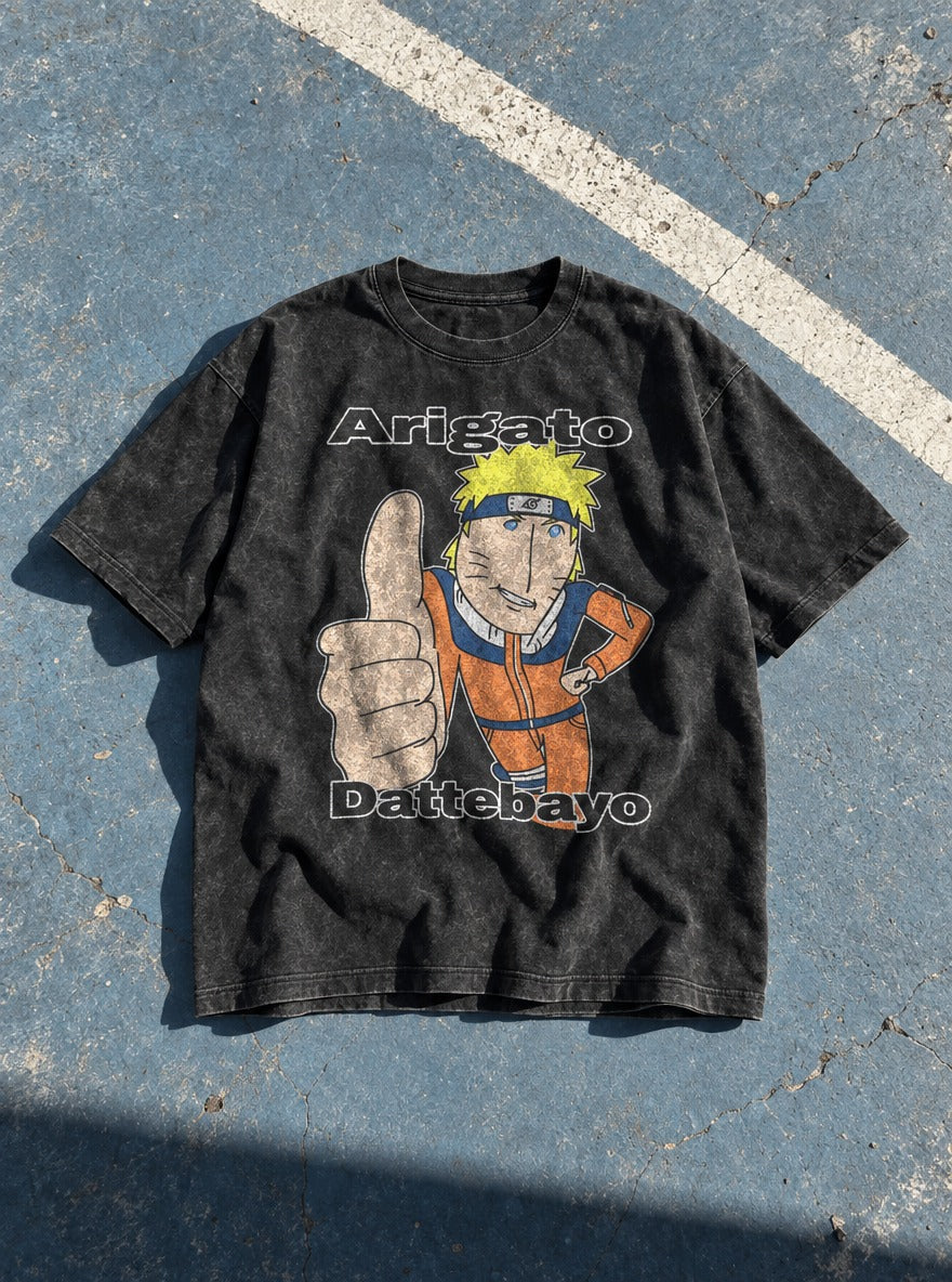 Arigato Dattebayo – Black Acid Wash Tee – flat-lay | Meme Tees